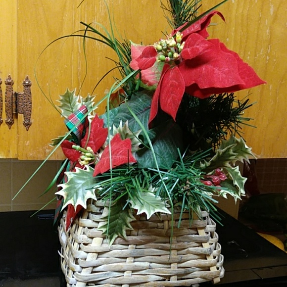 Holiday Poinsettia Centerpiece basket arrangement decor mantel table - Picture 2 of 7